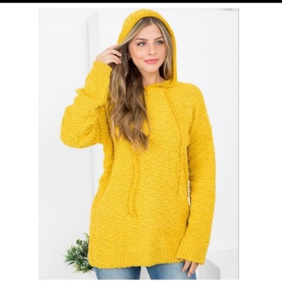 Womens Mustard Yellow Fuzzy Knit Hooded Pullover Sweater W/Drawstring & Long - Picture 2 of 7